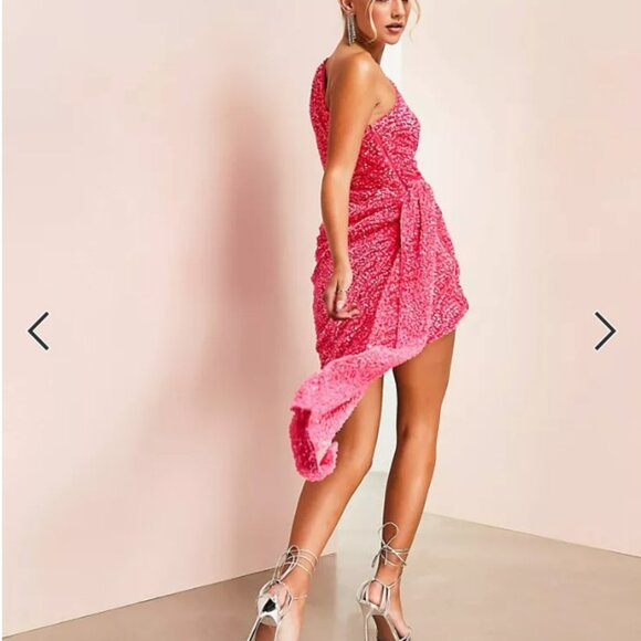 ASOS LUXE One Shoulder Asymmetric Draped Mini Dress Pink Sequin Size 10 NEW - Picture 13 of 16